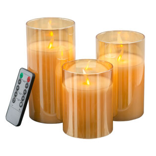 Artekko Ibluvai Κεριά Πορτοκαλί Γυαλί-Κερί-Φλόγα Led  Σετ/3 με Τηλεχειριστήριο (7x7x15)cm